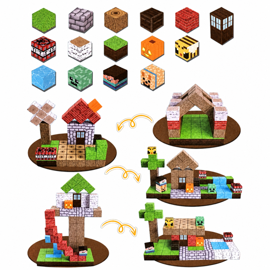 Adventure House – 100 magnetiske byggeklodser Skab din helt egen fantasiverden med Adventure House. Sættet indeholder 100 stk farverige, magnetiske byggeklodser med motiver som græs, træ, sten, mursten og is. Klodserne sættes nemt sammen ved hjælp af magneterne, så børn kan bygge alt fra små huse og træer til broer, tårne og spændende pixelverdener. De Minecraft inspirerede magnetiske byggeklodser indbyder til timevis af kreativ leg, hvor konstruktionerne hurtigt kan bygges om til helt nye eventyr. Der medfølger desuden 3 tilfældige figurer, som gør de færdige byggerier endnu sjovere at lege med. Figurerne leveres assorteret og udseendet kan derfor variere fra sæt til sæt. Derfor er Adventure House et hit 100 stk magnetiske byggeklodser 3 tilfældige figurer medfølger Flotte motiver med blandt andet græs, træ, sten og mursten Byg huse, træer, broer, tårne og fantasifulde verdener Nemme klodser at samle og skille ad Indbyder til kreativ leg og nye byggeidéer En oplagt gave til børn, der elsker magnetiske byggeklodser og pixeluniverser Sikkert og holdbart design – perfekt til børn i alle aldre. Klods størrelse: 2x2x2 cm Anbefalet alder: 3+ år CE-godkendt Pakken indeholder 100 stk magnetiske byggeklodser 3 stk assorterede figurer 1 stk samlepose til klodserne