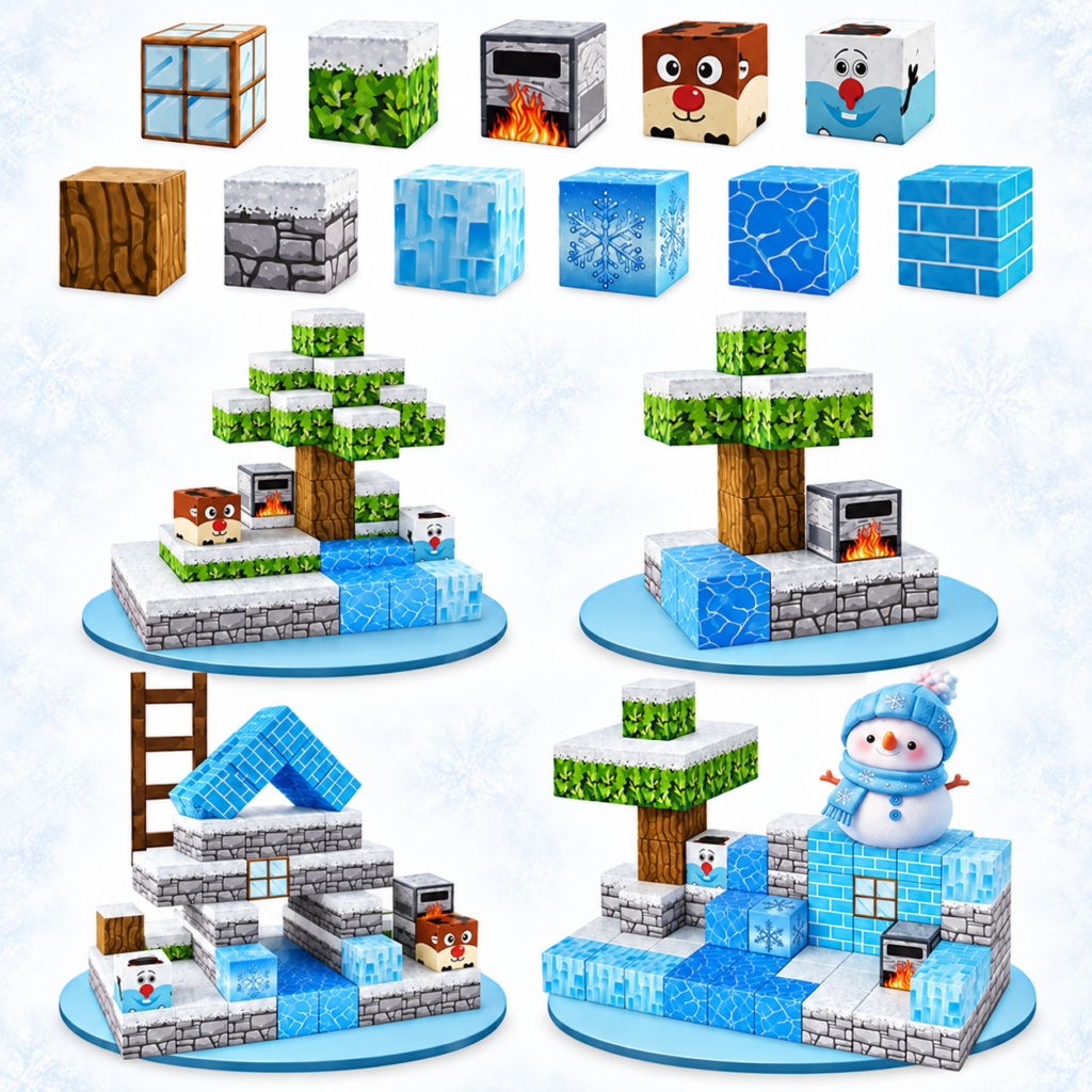 Frostlandet – 100 magnetiske byggeklodser og 3 figurer Skab en fantastisk verden fyldt med sne, is og vintereventyr! Med Frostlandet får børn 100 stk Minecraft-inspirerede magnetiske byggeklodser, som kan bruges til at bygge alt fra frosne floder og snedækkede træer til ishuse, vinterborge og fantasifulde snelandskaber. Der medfølger også 3 figurer i sættet. Klodserne måler 2 × 2 × 2 cm og samles nemt ved hjælp af magneterne i siderne. Det gør det hurtigt og sjovt at bygge, skille ad og begynde på et helt nyt vintereventyr. Der findes ingen fast byggevej, men kun barnets egen fantasi sætter grænser. Det magnetiske byggesæt indbyder til kreativ leg og kan samtidig være med til at udvikle barnets finmotorik, koncentration, rumlige forståelse og evne til at finde nye løsninger. Derfor bliver Frostlandet hurtigt en favorit 100 magnetiske byggeklodser Minecraft-inspireret sne og vintertema Klodserne måler 2 × 2 × 2 cm Nemme at samle og skille ad Byg ishuse, sneborge, træer og frosne landskaber Mulighed for mange forskellige konstruktioner Stimulerer fantasi, kreativitet og finmotorik Velegnet til børn fra 3 år CE-godkendt. Frostlandet magnet byggeklodser er en oplagt gaveidé til børn, der elsker byggeklodser, vinterverdener og kreativ leg. Byg, leg, skil ad – og skab en helt ny frostverden igen og igen. Indhold: 100 magnetiske byggeklodser Blandet figurer: 3 Random modeller Størrelse pr. klods: Ca. 2 × 2 × 2 cm Anbefalet alder: Fra 3 år